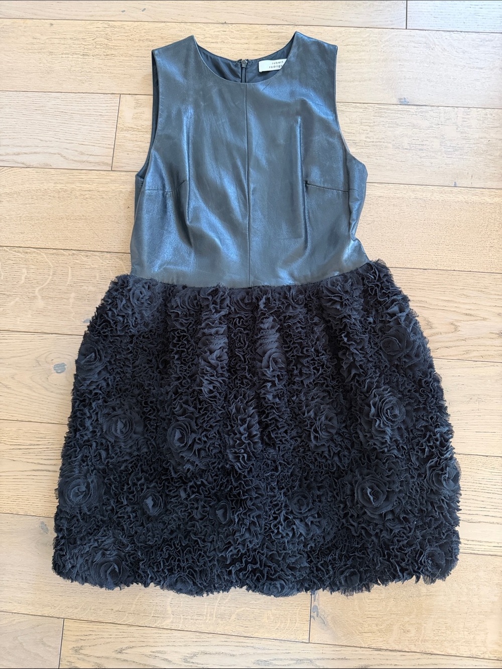 Robert Rodriguez Black Sleeveless Leather Bodice & Floral Skirt Prom Dress